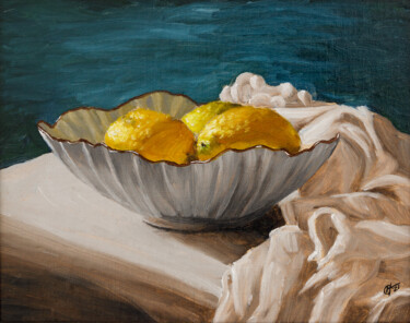 Schilderij getiteld "Lemons in a bowl" door Hayward Gaude, Origineel Kunstwerk, Olie Gemonteerd op Andere stijve panelen