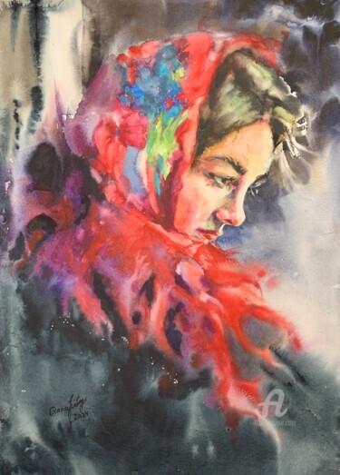 «Portrait of a girl in a bright red stole« Malarstwo zatytułowany „«Portrait of a girl…” autorstwa Oxana Luky, Oryginalna praca, Akwarela