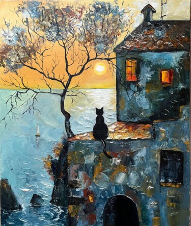 绘画 标题为“Cat and Sea” 由Marina Gavrilova, 原创艺术品, 油