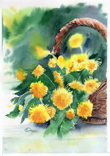 Pittura intitolato "Корзина с одуванчик…" da Nadin Ezhova, Opera d'arte originale, Acquarello