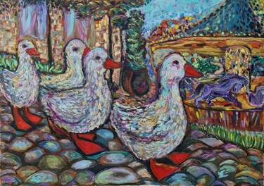 Pintura titulada "Walking ducks" por Yuliya Gündoğan (ostbiju_art), Obra de arte original, Oleo Montado en Bastidor de camil…