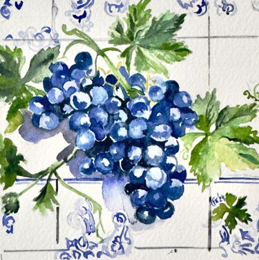 Portuguese Harvest on Azulejo Time – Grapes Mini 1 Painting titled "Portuguese Harvest…" by Irina Kurganskaya, Original Artwork, Watercolor