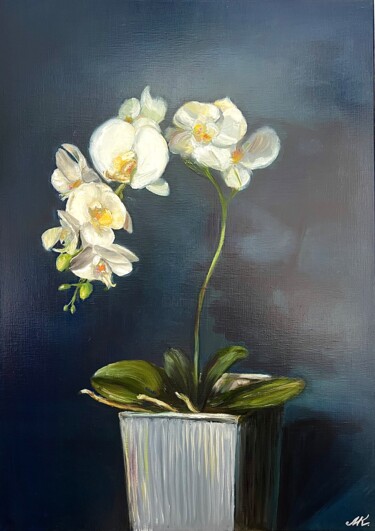 "Белая орхидея на си…" başlıklı Tablo Marina Kozyr tarafından, Orijinal sanat, Petrol Ahşap Sedye çerçevesi üzerine monte ed…