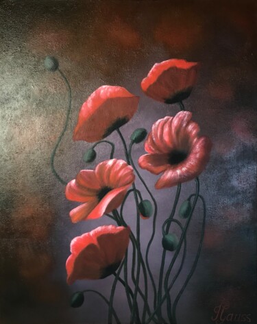 Painting titled ""Red Poppies in Blo…" by Irina Gauss, Original Artwork, Oil Mounted on Wood Stretcher frame