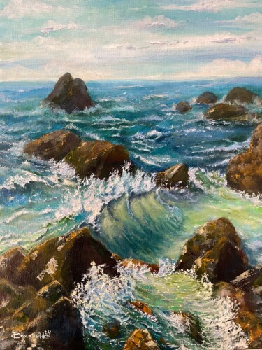 Painting titled "Stones in the waves" by Tetiana Kokhanenko, Original Artwork, Oil Mounted on Cardboard