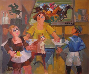 Malerei mit dem Titel "Bar de l'hyppodrome" von Joseph Landry, Original-Kunstwerk, Öl Auf Keilrahmen aus Holz montiert