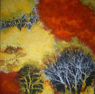 Painting titled "Abstraction végétale" by Evelyne Brunet, Original Artwork, Oil Mounted on Wood Stretcher frame