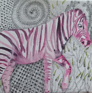 Peinture intitulée "Zèbre rose" par Pascale Coutoux, Œuvre d'art originale, Aquarelle Monté sur Châssis en bois