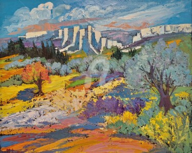Painting titled "Les baux en Provence" by Milorv, Original Artwork, Oil Mounted on Wood Stretcher frame