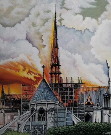 Painting titled "l'incendie de Notre…" by Stéphane Mouton, Original Artwork, Acrylic