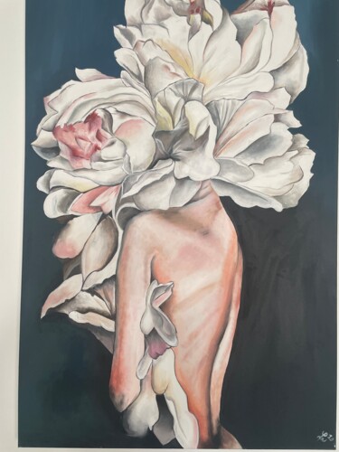 Femme pivoines Painting titled "Femme pivoines" by Elodie Lavey, Original Artwork, Acrylic Mounted on Wood Stretcher frame