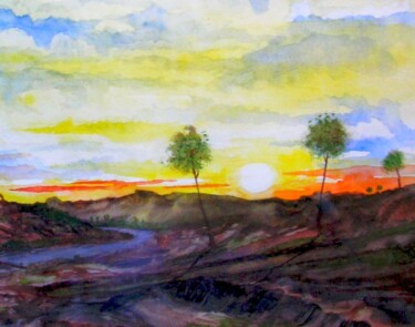Pittura intitolato "The usual sunset" da Milto Sideris, Opera d'arte originale, Acquarello