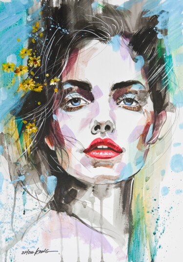 Painting titled "portrait 2" by Kang Zhou, Original Artwork, Watercolor