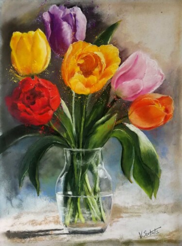 Peinture intitulée ""quelques tulipes"" par Valerie Sorbets, Œuvre d'art originale, Pastel