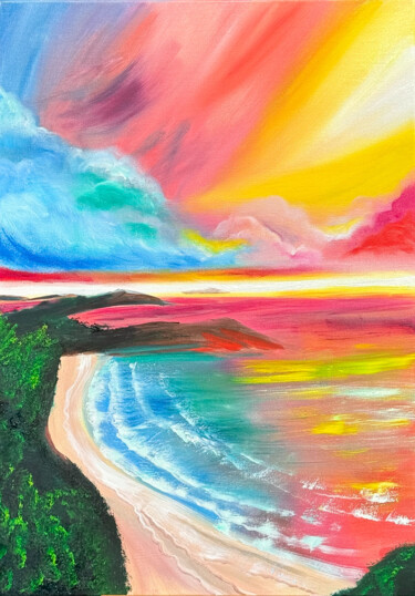 Schilderij getiteld "Red Sunset" door Natalia Romanova, Origineel Kunstwerk, Olie Gemonteerd op Frame voor houten brancard
