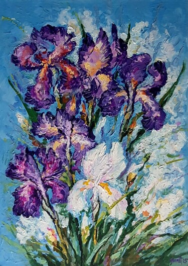 Ζωγραφική με τίτλο "Irises2" από Rakhmet Redzhepov, Αυθεντικά έργα τέχνης, Ακρυλικό Τοποθετήθηκε στο Ξύλινο φορείο σκελετό