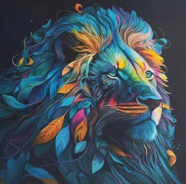 Оригинальная картина маслом Лев с разноцветной гривой Люкс Peinture intitulée "Оригинальная картин…" par Evgenia Duvakina, Œuvre d'art originale, Huile