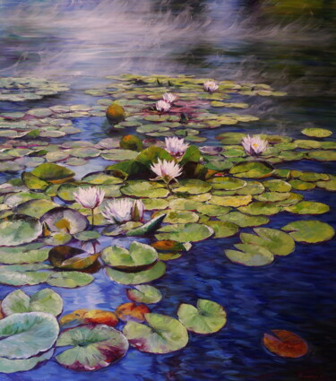 Peinture intitulée ""Lily Pond"" par Elena I Gennady Vylusk (Goshiki), Œuvre d'art originale, Huile Monté sur Châssis en bois