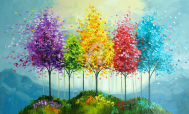 Peinture intitulée "Trees of life on a…" par Olha, Œuvre d'art originale, Huile Monté sur Châssis en bois