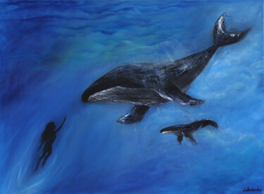 绘画 标题为“Whale, ocean, majes…” 由Olesia Lebedenko, 原创艺术品, 油 安装在木质担架架上
