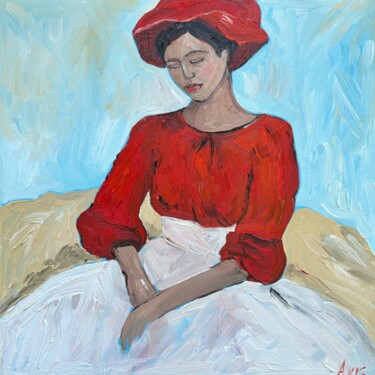A Girl in a Red Blouse and Hat 绘画 标题为“A Girl in a Red Blo…” 由Irina Anis, 原创艺术品, 油 安装在木质担架架上