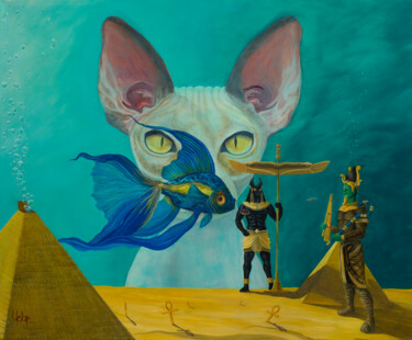 Jalousie féline: le jugement du Sphynx Painting titled "Jalousie féline: le…" by Yobe, Original Artwork, Oil Mounted on Wood Stretcher frame