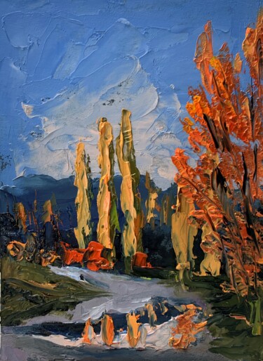 Painting titled "Yellow tree near th…" by Vita Schagen, Original Artwork, Oil