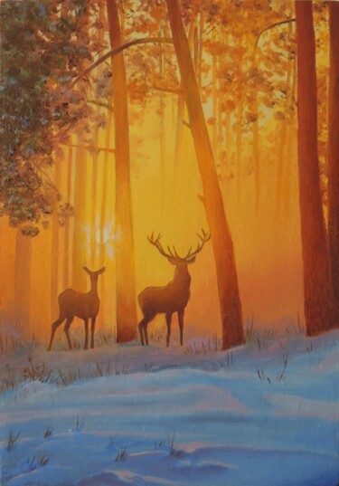 Painting titled "Утро в зимнем лесу" by Maksim Fedkin, Original Artwork, Oil