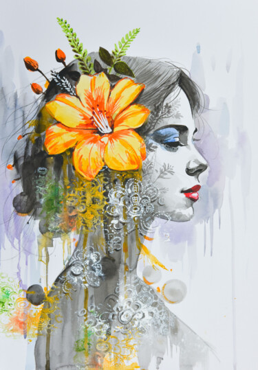 Painting titled "portrait 5" by Kang Zhou, Original Artwork, Watercolor