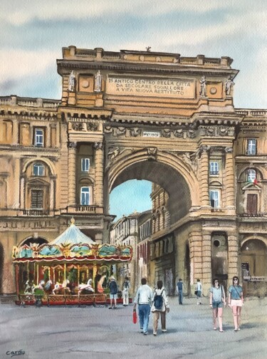 Florence and the carousel Pittura intitolato "Florence and the ca…" da Darrencareyart Darren Carey, Opera d'arte originale, Acquarello Montato su Cart…