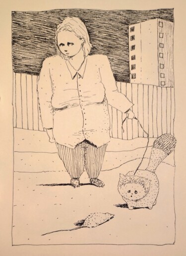 Drawing titled "Scary evening stroll" by Milto Sideris, Original Artwork, Gel pen