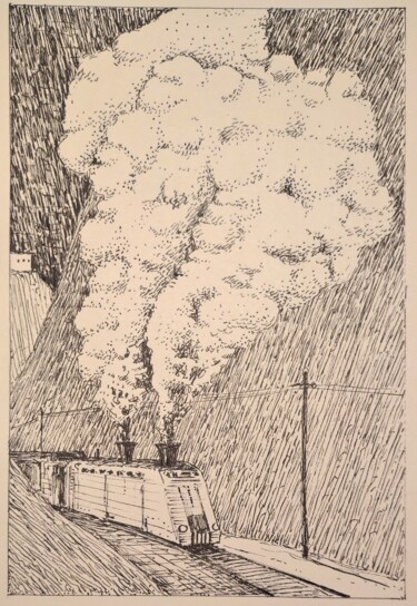 Dessin intitulée "Futuretro-train" par Milto Sideris, Œuvre d'art originale, Stylo gel