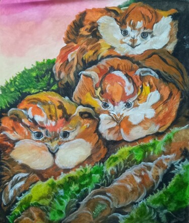 Painting titled "Три рыжих совы" by Tania Timakova, Original Artwork, Acrylic
