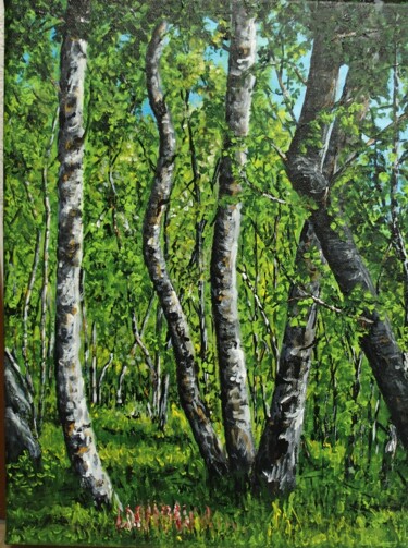 Schilderij getiteld "Birkenwald am Polar…" door Siegfried Huber, Origineel Kunstwerk, Acryl