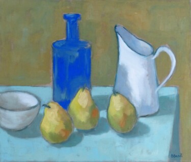 Painting titled "Bouteille bleue et…" by Bénédicte Basili, Original Artwork, Oil Mounted on Wood Stretcher frame