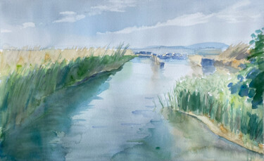 A quiet harbor - watercolor in green and blue colors Painting titled "A quiet harbor - wa…" by Katerina Morozova, Original Artwork, Watercolor