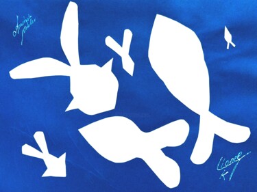 White Fish Silhouette on Blue - Matisse Style Minimalist Art