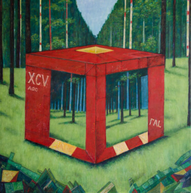 Painting titled "The red cube. Reali…" by Alexander Galyatsky, Original Artwork, Oil Mounted on Wood Stretcher frame