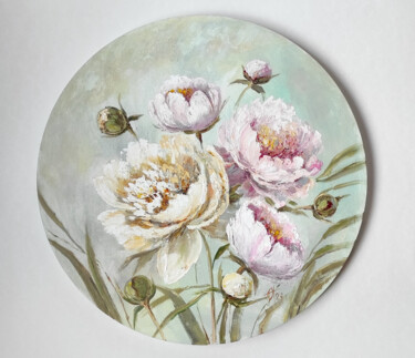 Peonies. Original oil flowers painting on circle canvas Peinture intitulée "Peonies. Original o…" par Olga Ponomarenko, Œuvre d'art originale, Huile Monté sur Châssis en bois