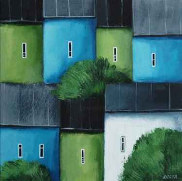 Town with green and blue houses Schilderij getiteld "Town with green and…" door Rraya, Origineel Kunstwerk, Acryl Gemonteerd op Frame voor houten brancard