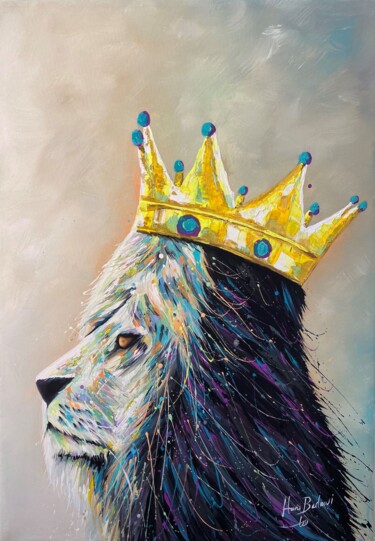 「King Lion Pop Color」というタイトルの絵画 Hani Badawi Leoによって, オリジナルのアートワーク, アクリル ウッドストレッチャーフレームにマウント