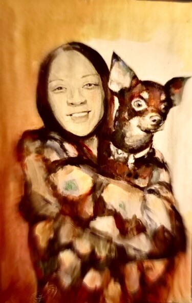 Картина под названием "Девушка с собачкой" - Tatyana Zakharova, Подлинное произведение искусства, Акрил