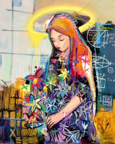 绘画 标题为“Femme au bouquet” 由Tekmass, 原创艺术品, 丙烯 安装在木质担架架上