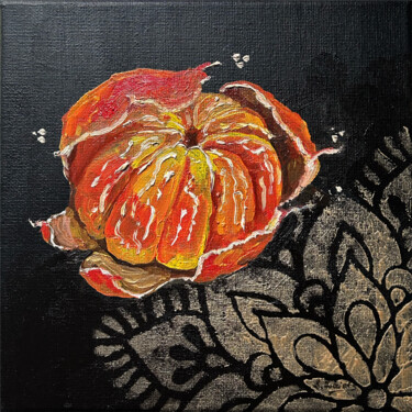 A peeled mandarin on a black background and a golden napkin 绘画 标题为“A peeled mandarin o…” 由Svitlana Zaiets, 原创艺术品, 油 安装在木质担架架上