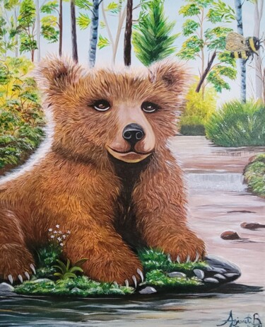 绘画 标题为“Bear in the stream” 由Anjeanet Berse, 原创艺术品, 丙烯 安装在木板上