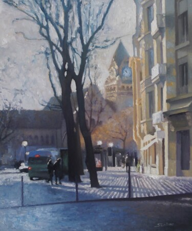 Painting titled "Metz "la Gare"" by Serge Santini, Original Artwork, Oil Mounted on Cardboard