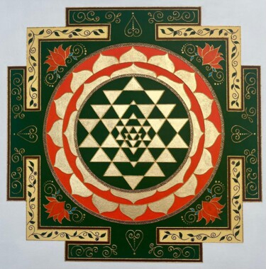 Sri Yantra (herbal green with gold) Schilderij getiteld "Sri Yantra (herbal…" door Elena Podporina, Origineel Kunstwerk, Acryl