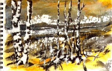 Dessin intitulée "Paysage, bouleaux 2…" par Dominique Leblanc, Œuvre d'art originale, Encre