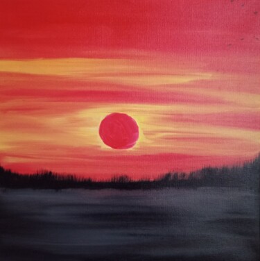 Painting titled "sunset on the lake" by Laura Bogatyreva, Original Artwork, Oil Mounted on Wood Stretcher frame