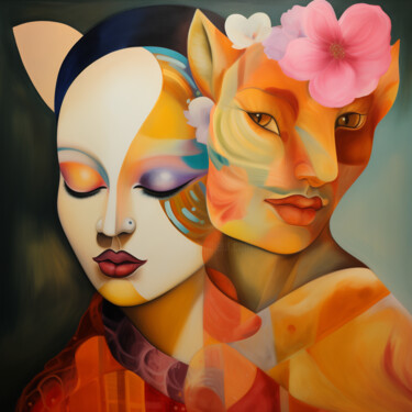 Vivid Fantasy: Woman and Fox in Abstract Art 数字艺术 标题为“Vivid Fantasy: Woma…” 由Anna Burger, 原创艺术品, 数字拼贴